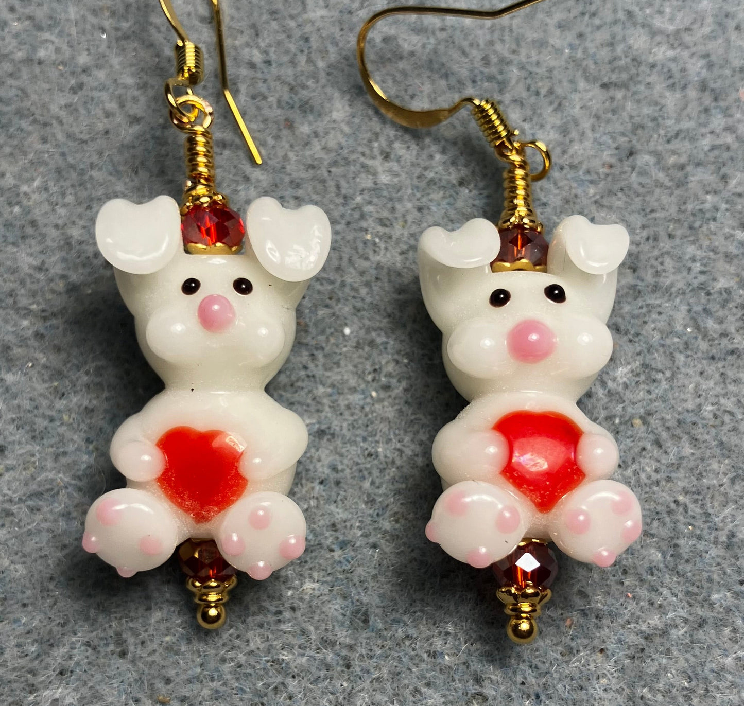 White with red hearts lamp work bunny rabbit bead earrings adorned with red Chinese crystal beads.
