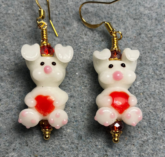 White with red hearts lamp work bunny rabbit bead earrings adorned with red Chinese crystal beads.