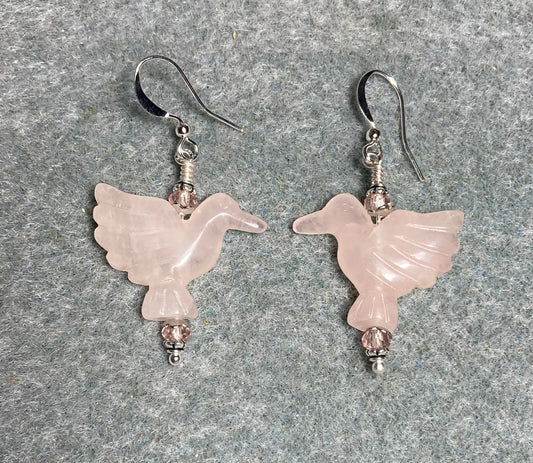Pink quartz gemstone flying eagle bead earrings adorned with pink Chinese crystal beads.
