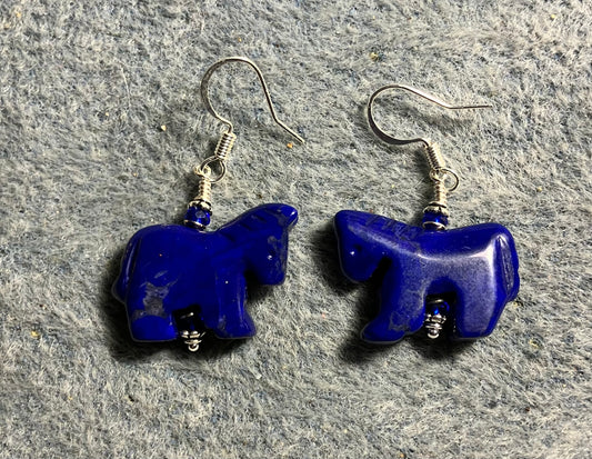 Blue lapis lazuli howlite horse bead earrings adorned with dark dark blue Chinese crystal beads.