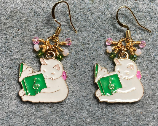 White and green enamel cat charm earrings adorned with tiny dangling pink, white, and green Chinese crystal beads.