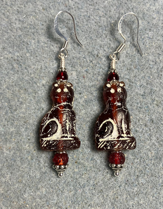 Dark red (with white inlay) fancy Czech glass cat bead earrings adorned with dark red Czech glass beads.