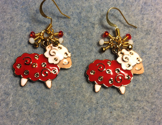 Red, gold, and white enamel sheep charm earrings adorned with tiny dangling red, gold, and white Chinese crystal beads.