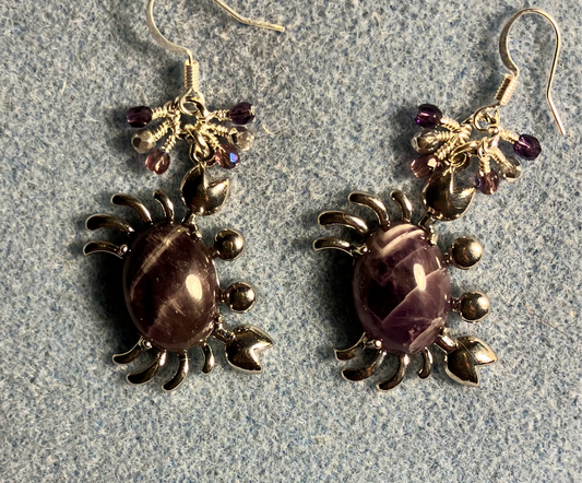 Silver and amethyst gemstone crab charm earrings adorned with small dangling purple and silver Czech glass beads.