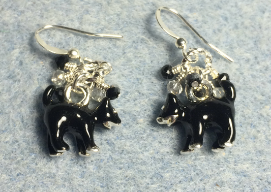 Small black enamel cat charm earrings adorned with tiny dangling black and silver Chinese crystal beads.