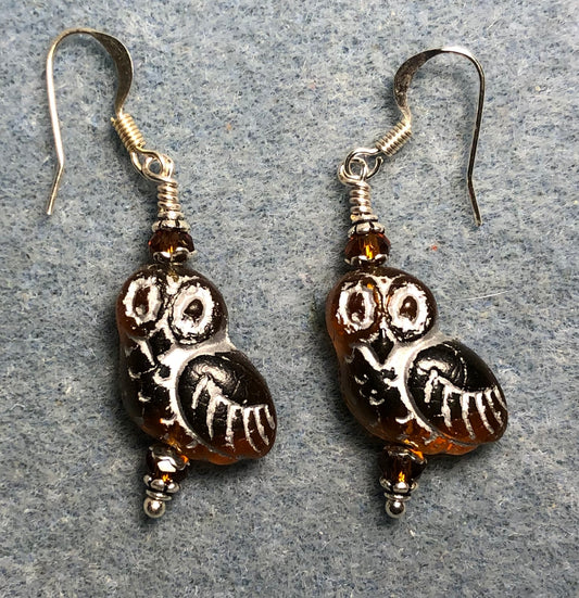 Topaz (with silver wash) fancy Czech glass owl bead earrings adorned with topaz Chinese crystal beads.