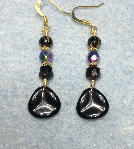 Black and purple Czech glass rose petal earrings adorned with black and purple Czech glass beads.