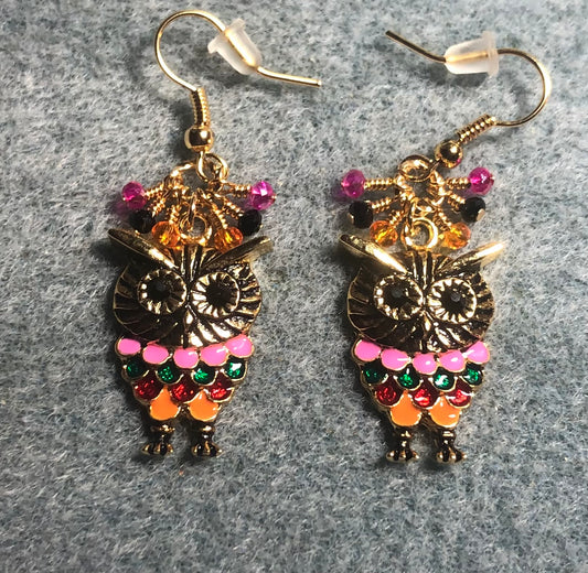 Pink, green, red, and orange enamel owl charm earrings adorned with tiny dangling pink, black, and orange Chinese crystal beads.