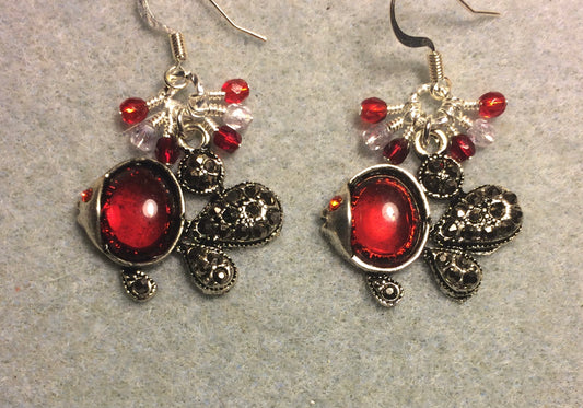 Silver and red rhinestone angelfish charm earrings adorned with small dangling red and silver Czech glass beads.