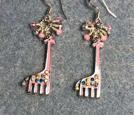 Light pink enamel and colored rhinestone spotted giraffe charm earrings adorned with tiny dangling light pink and silver Chinese crystal beads.