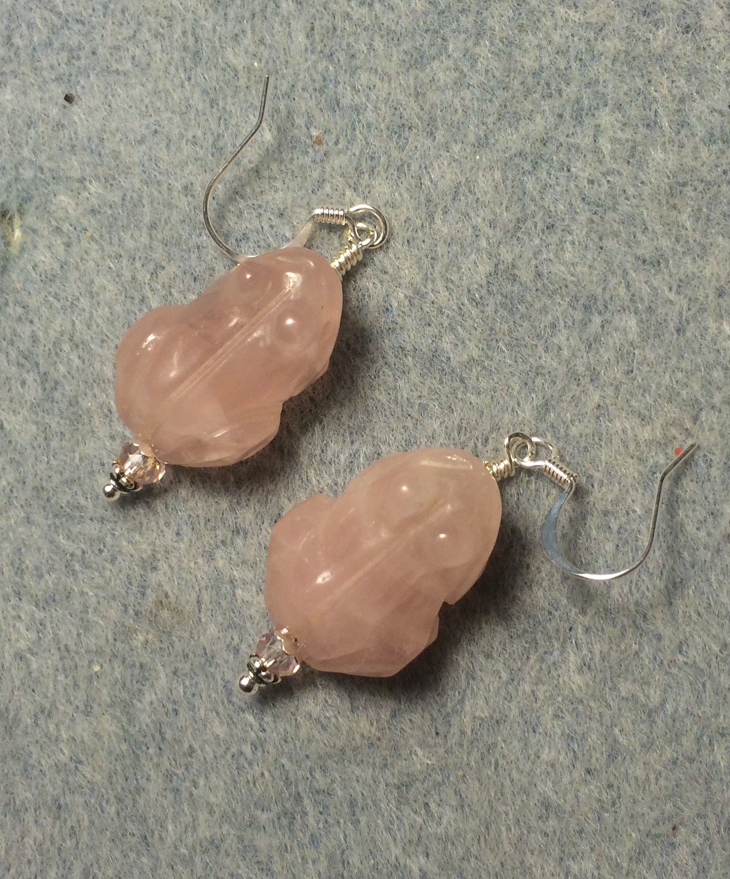 Pink rose quartz gemstone frog bead earrings adorned with pink Chinese crystal beads.