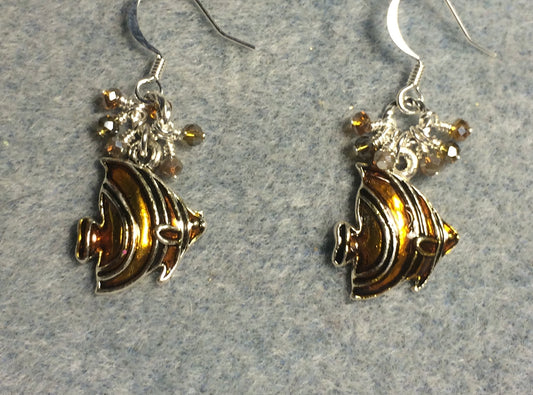 Amber gold enamel angelfish charm earrings adorned with tiny dangling amber Chinese crystal beads.