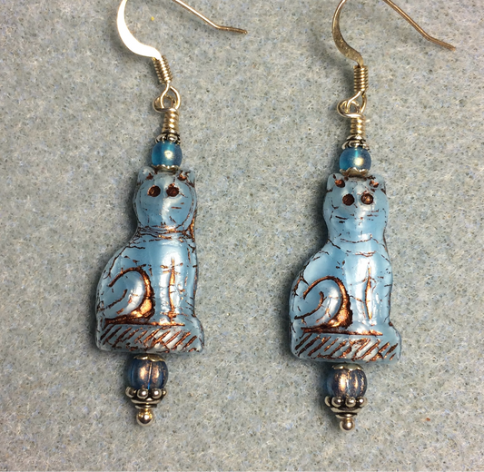 Opaque light blue (with copper inlay) fancy Czech glass cat bead earrings adorned with light blue Czech glass beads.