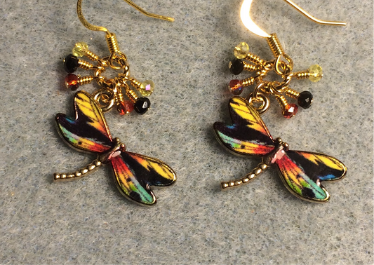 Black, yellow, and red enamel dragonfly charm earrings adorned with tiny dangling black, yellow, and red Chinese crystal beads.