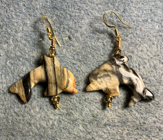 Gray and black zebra jasper gemstone dolphin bead earrings adorned with gray Chinese crystal beads.