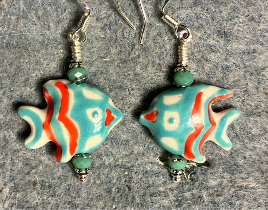Turquoise and red ceramic angelfish bead earrings adorned with turquoise Chinese crystal beads.
