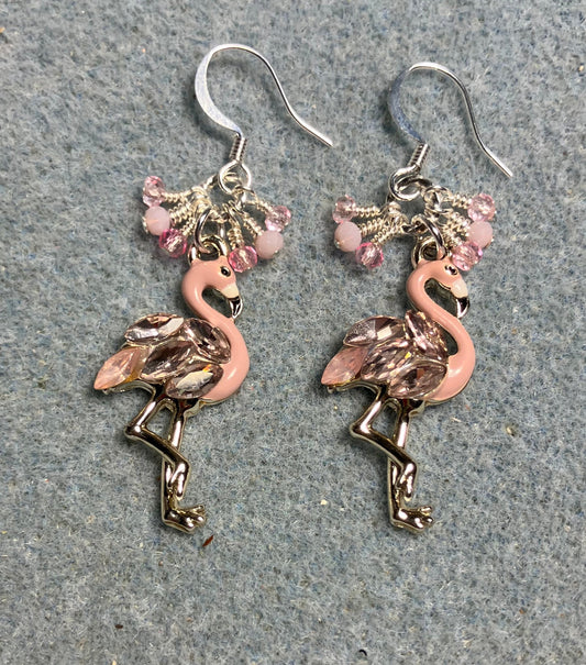 Pink enamel and rhinestone flamingo charm earrings adorned with tiny dangling light pink Chinese crystal beads.