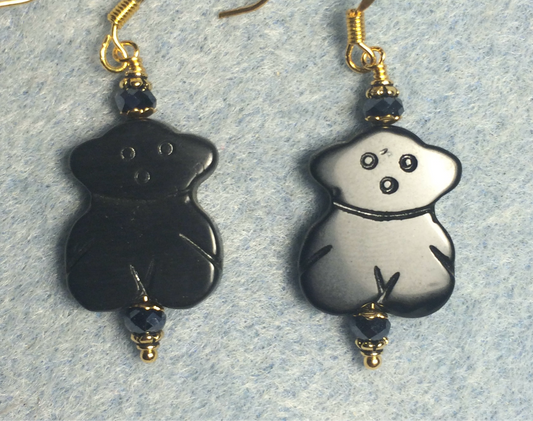 Black onyx gemstone sitting bunny rabbit bead earrings adorned with black Chinese crystal beads.