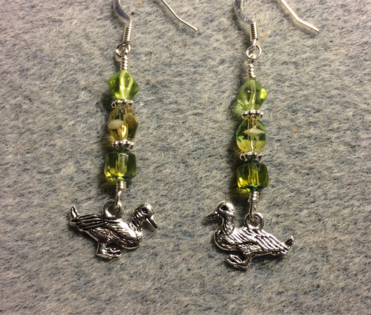 Silver mallard duck charm earrings adorned with olive green Czech glass beads