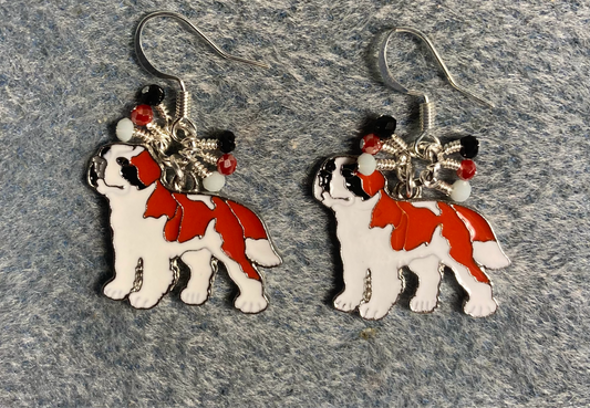 White and red enamel St. Bernard dog charm earrings adorned with tiny dangling white, red, and black Chinese crystal beads.