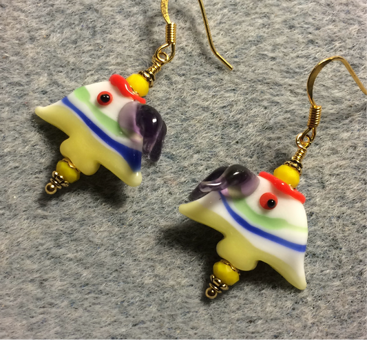 Yellow, blue, purple, and red lamp work angelfish bead earrings adorned with yellow Chinese crystal beads.
