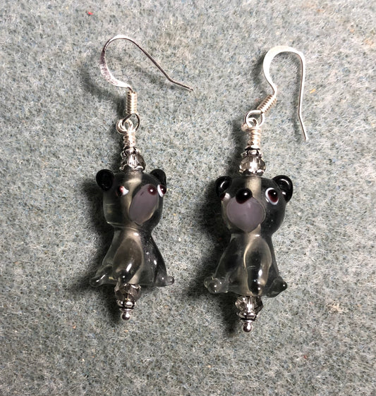 Gray lamp work bear bead earrings adorned with gray Chinese crystal beads.