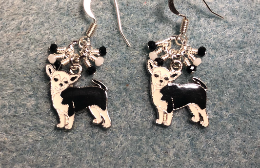 Small black and white enamel chihuahua charm earrings adorned with tiny dangling black and white Chinese crystal beads.