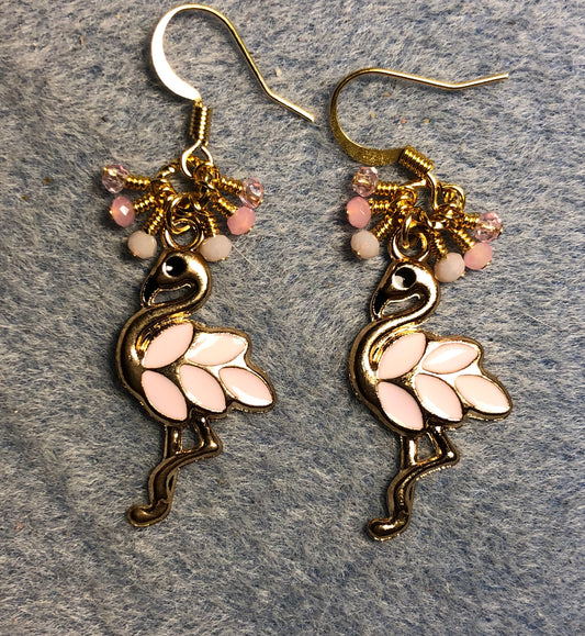 Light pink and gold enamel flamingo charm earrings adorned with tiny dangling pink Chinese crystal beads.