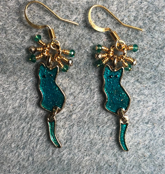 Teal and gold enamel cat charm earrings adorned with tiny dangling teal and gold Chinese crystal beads.