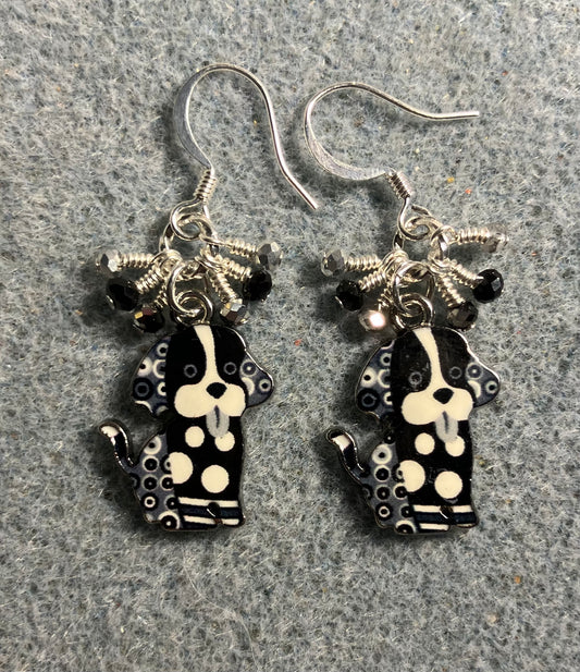 Black and white enamel silly dog charm earrings adorned with tiny dangling hot pink and black and silver Chinese crystal beads.