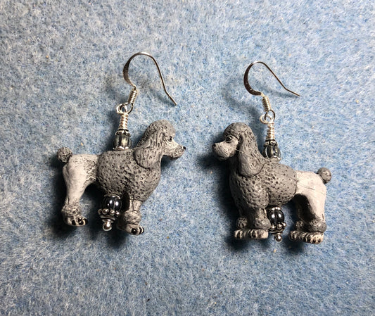 Gray and white ceramic Standard poodle bead earrings adorned with gray Czech glass beads.