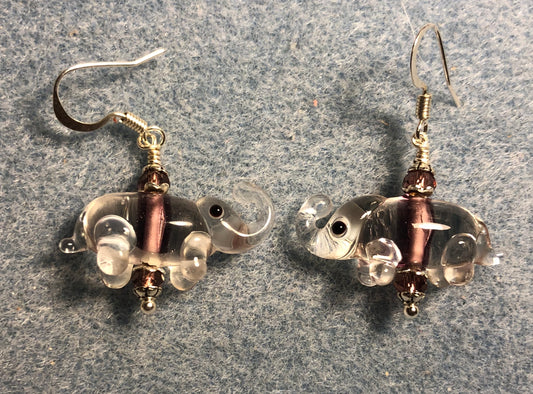 Clear and violet lamp work elephant bead earrings adorned with violet Chinese crystal beads.