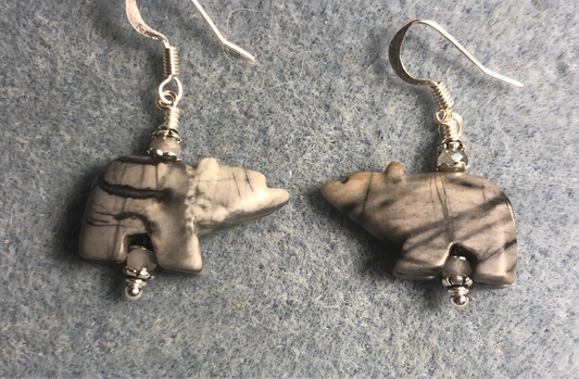 Picasso marble gemstone bear bead earrings adorned with gray Chinese crystal beads.