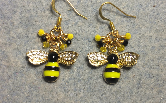 Black and yellow enamel and rhinestone striped honeybee charm earrings adorned with tiny dangling black and yellow Chinese crystal beads.