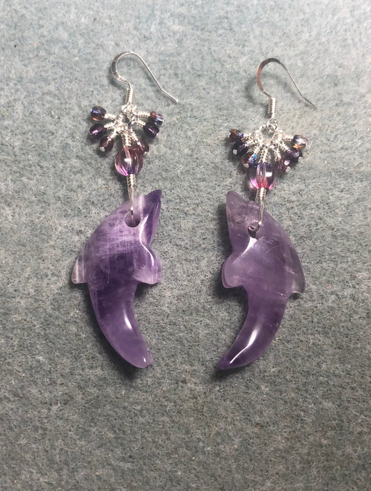Genuine amethyst gemstone dolphin pendant bead earrings adorned with purple Czech glass beads and small dangling purple Czech glass beads.