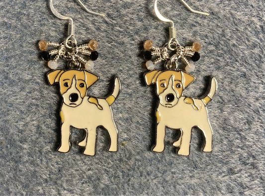 Tan enamel Jack Russell terrier dog charm earrings adorned with tiny dangling tan, white, and black Chinese crystal beads.
