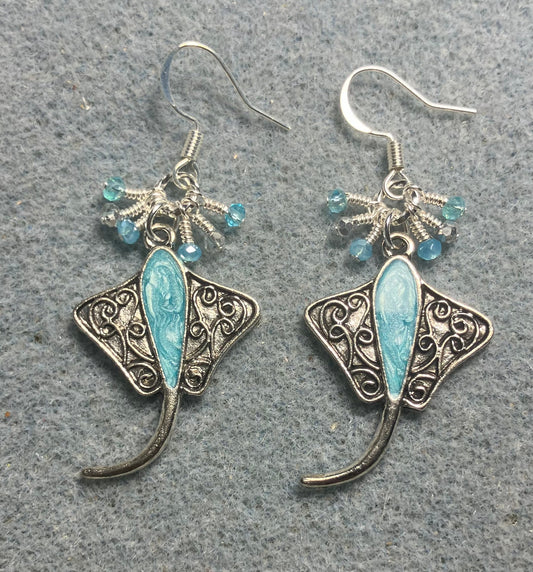 Silver and turquoise enamel stingray charm earrings adorned with tiny dangling turquoise and silver Chinese crystal beads.