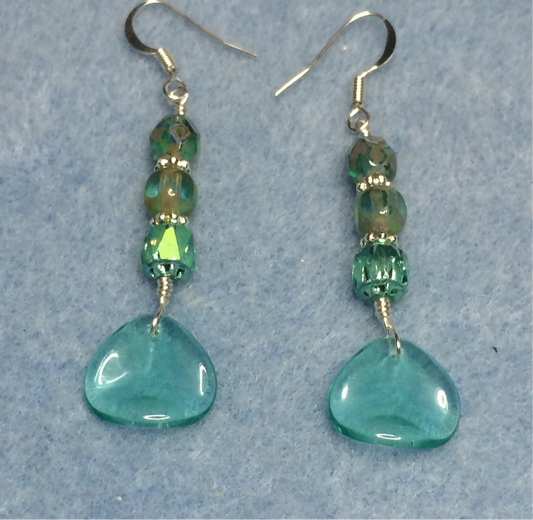 Translucent sea green Czech glass rose petal earrings adorned with sea green Czech glass beads.