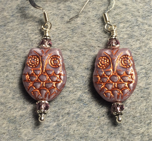 Lavender (with copper wash) Czech glass owl bead earrings adorned with lavender Chinese crystal beads.