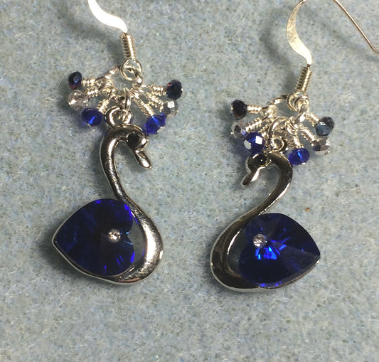 Dark blue crystal swan charm earrings adorned with tiny dangling dark blue and silver Chinese crystal beads.