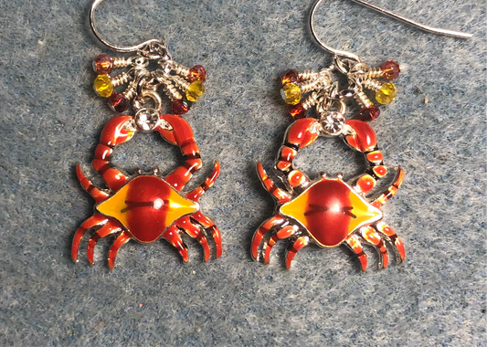Red, orange, and amber enamel crab charm earrings adorned with tiny dangling red, orange, and amber Chinese crystal beads.