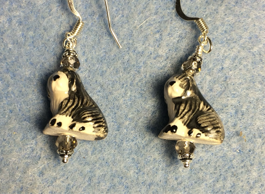 Small gray and white ceramic sheepdog bead earrings adorned with gray Chinese crystal beads.