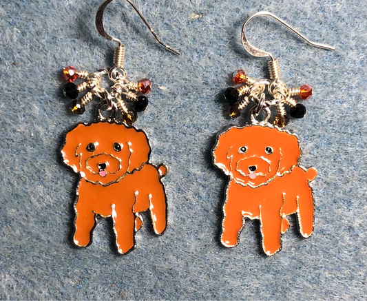 Brown enamel cockapoo dog charm earrings adorned with tiny dangling amber, black, and orange Chinese crystal beads.