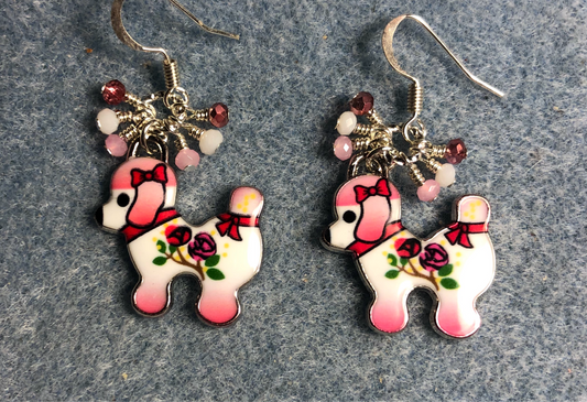 Pink, white, and green enamel dog charm earrings adorned with tiny dangling pink and white Chinese crystal beads.