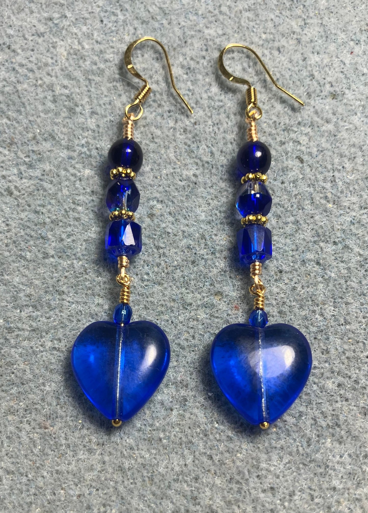Cobalt blue Czech glass heart bead earrings adorned with cobalt blue Czech glass beads.