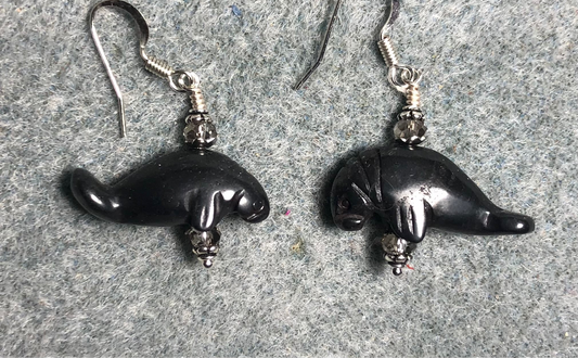 Gray hematite gemstone manatee bead earrings adorned with gray Chinese crystal beads.