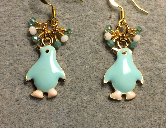 Aqua and white enamel penguin charm earrings adorned with tiny dangling aqua and white Chinese crystal beads.