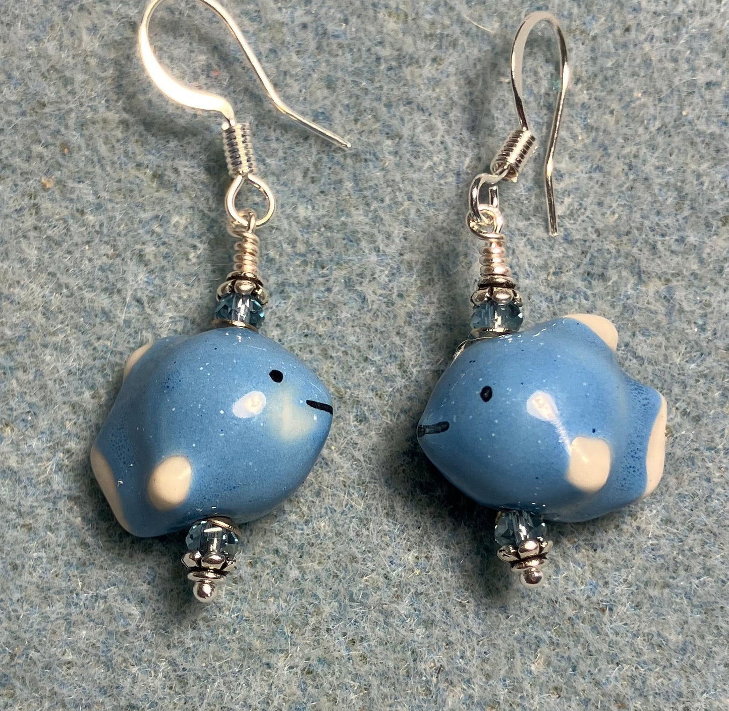 Small blue ceramic fish bead earrings adorned with blue Chinese crystal beads.