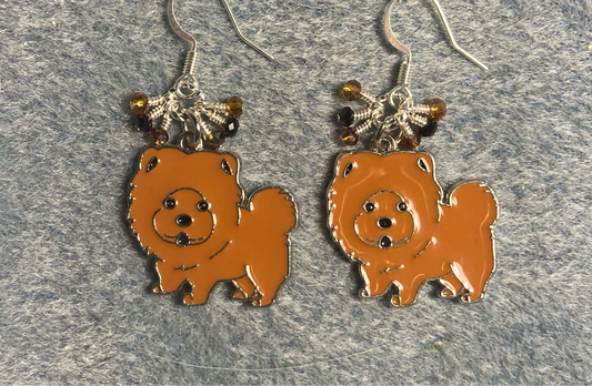 Brown enamel Chow dog charm earrings adorned with tiny dangling brown, tan, and silver Chinese crystal beads.