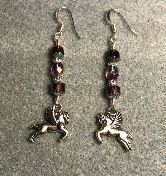 Silver Pegasus (flying horse) charm earrings adorned with purple Czech glass beads